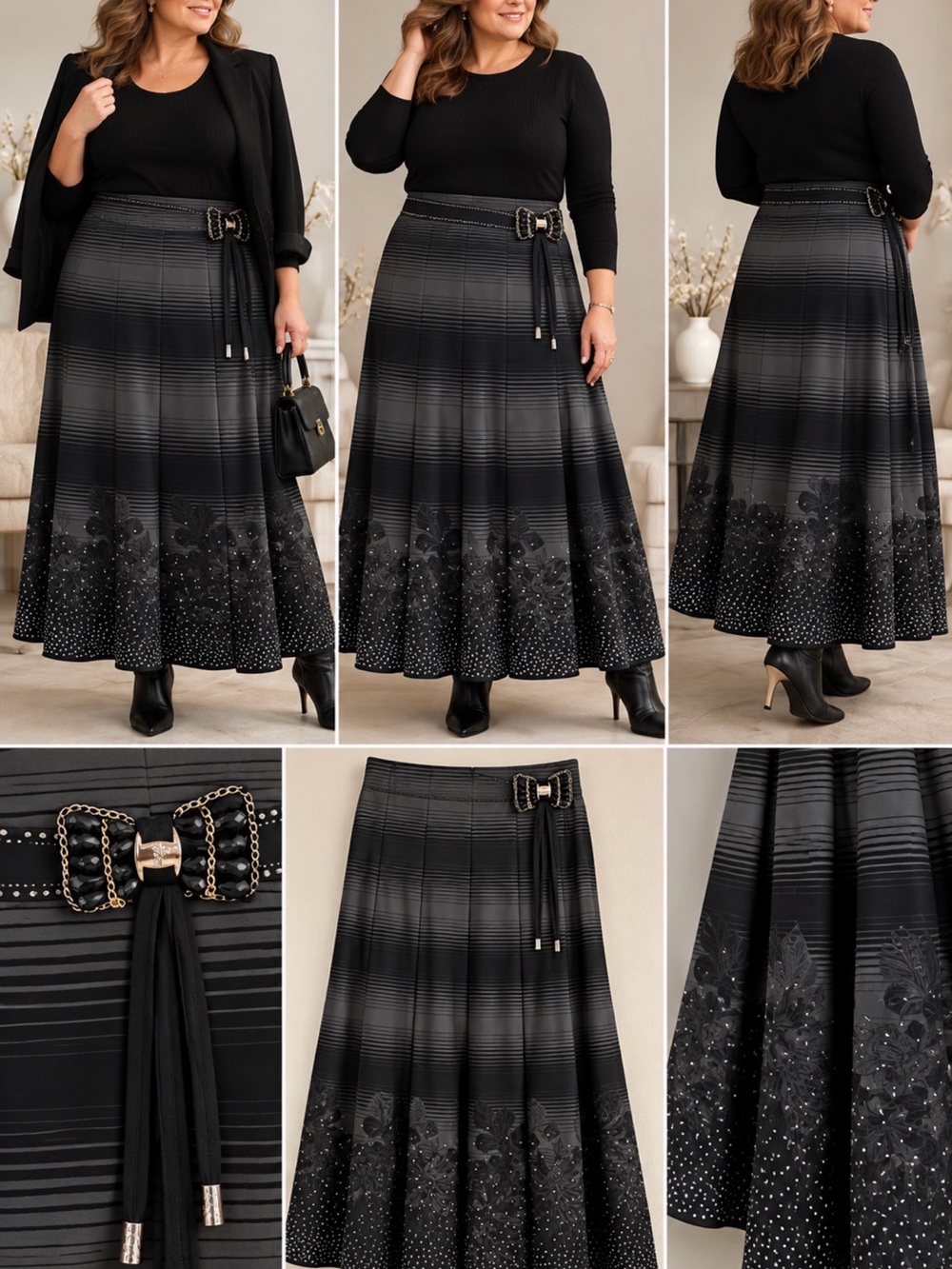 Elegant Black Maxi Skirt with Decorative Belt
